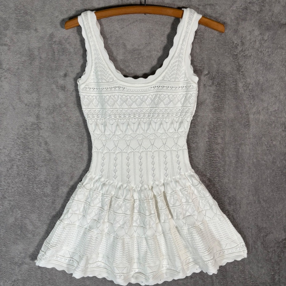 Ancosti White Pointelle Knit Pearl Embellished Fit Flare Mini Dress Angelcore S - Picture 2 of 11